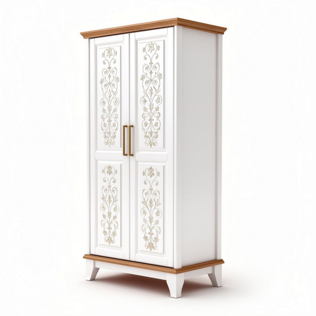 Witte kast met sierlijke decoratie en houten bovenkant 180 x 90 x 45cm