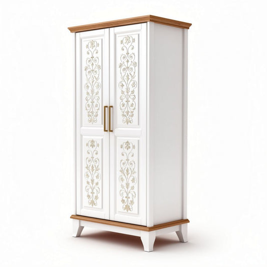 Witte kast met sierlijke decoratie en houten bovenkant 180 x 90 x 45cm