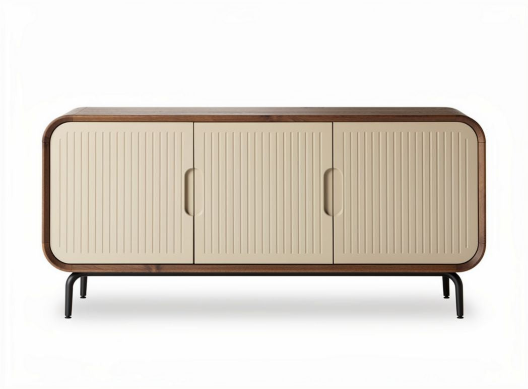 moderne kasten met drie deuren van hout en metaal in beige en bruin 120 x 40 x 70cm