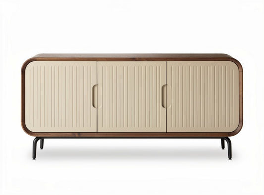 moderne kasten met drie deuren van hout en metaal in beige en bruin 120 x 40 x 70cm