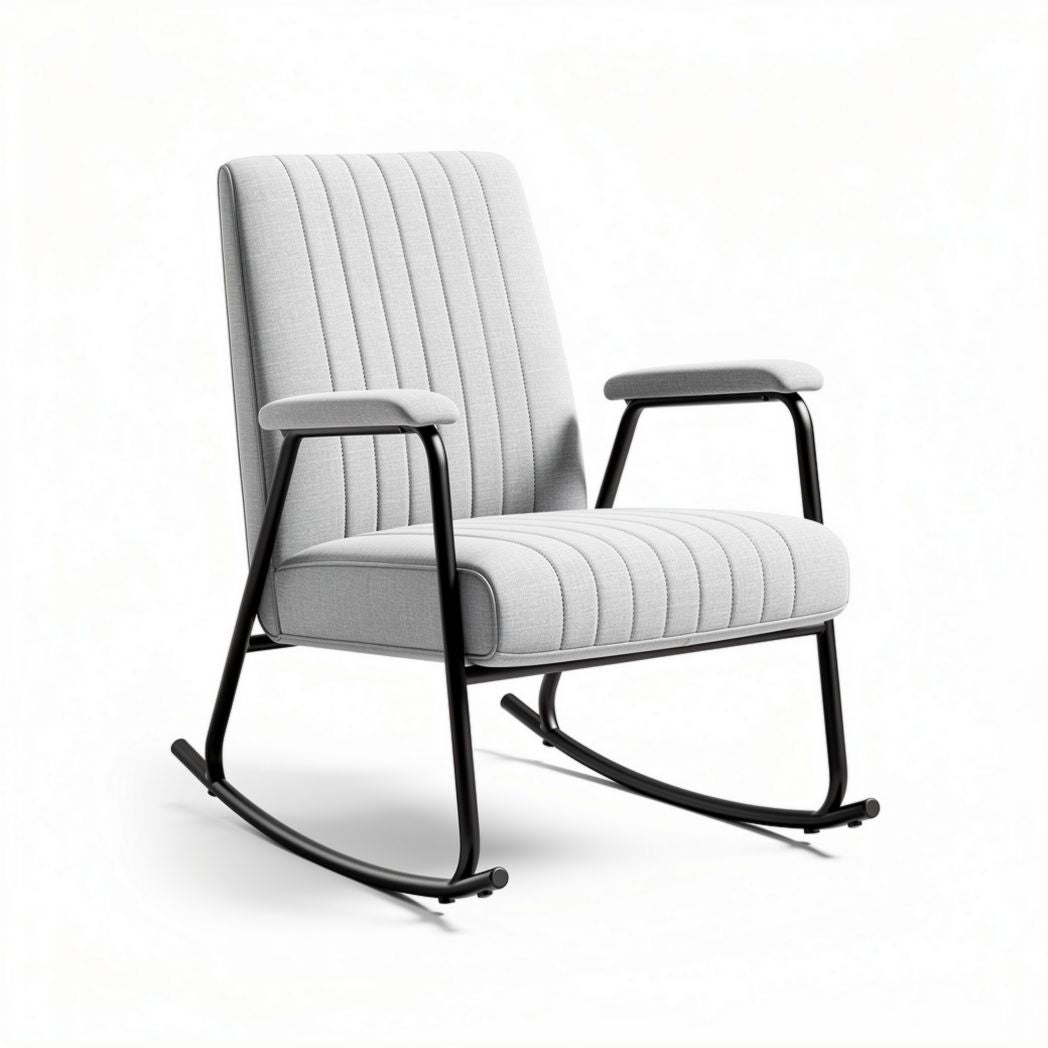 Schommelstoel van grijs textiel met zwarte metalen poten 80 x 70 x 90 cm