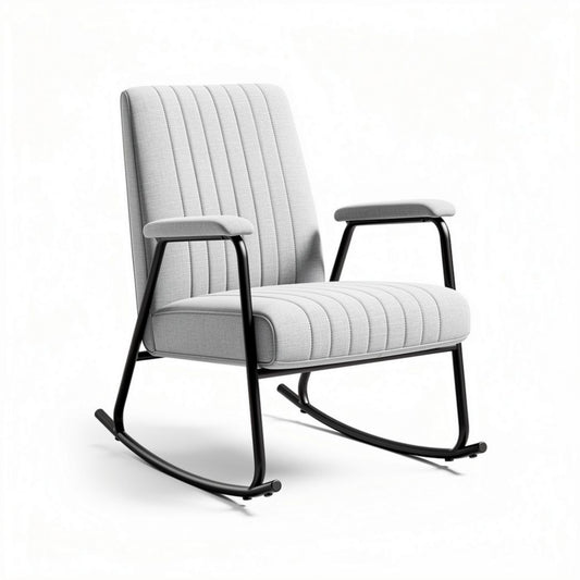 Schommelstoel van grijs textiel met zwarte metalen poten 80 x 70 x 90 cm