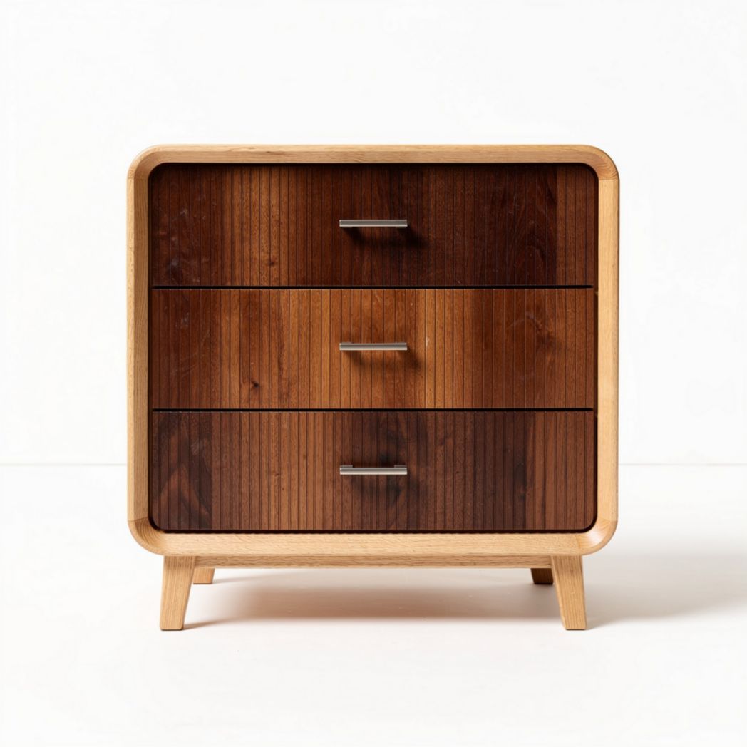 Houten nachtkastje met drie lades in bruin en natureltint 40 x 40 x 50cm