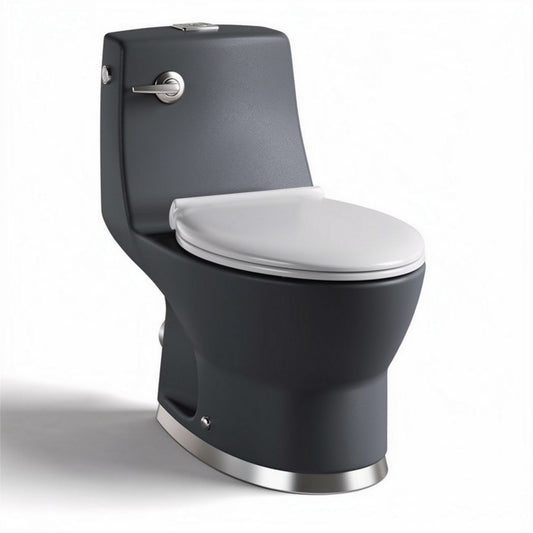 Zwart keramisch toilet met geïntegreerde sifon en chrome bedieningsknop 70 x 37 x 40cm