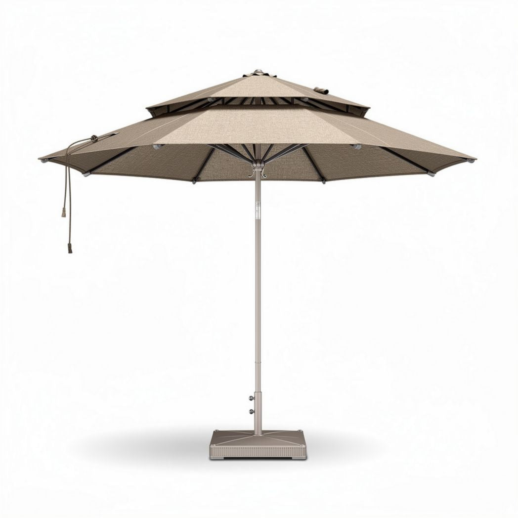 Lichtgewicht parasol met kruisvoet van aluminium en vlechtwerk in beige 250 x 250 x 250cm