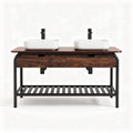 Dubbele wastafel met houten tafelblad en metalen onderstel 120 x 45 x 85cm