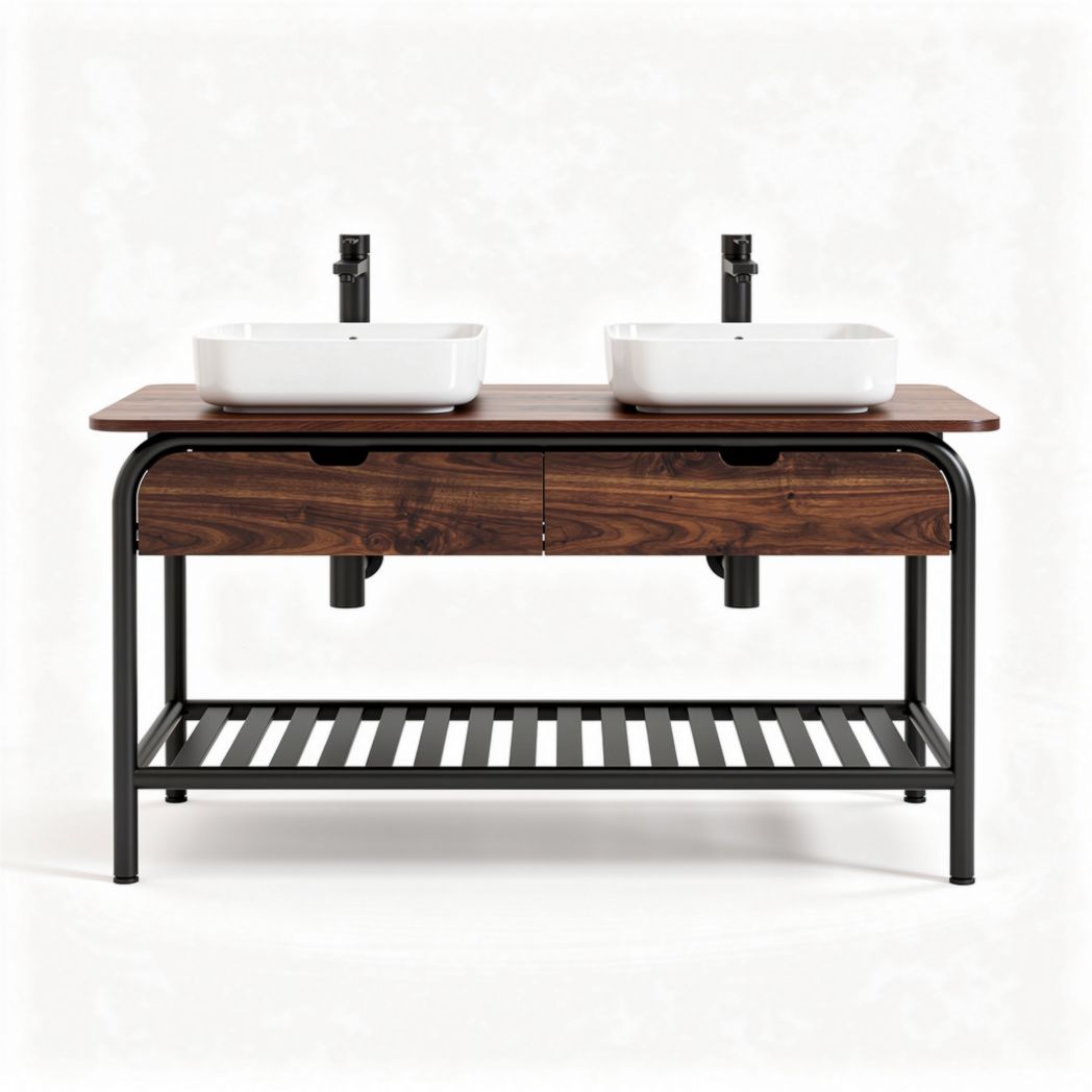 Dubbele wastafel met houten tafelblad en metalen onderstel 120 x 45 x 85cm