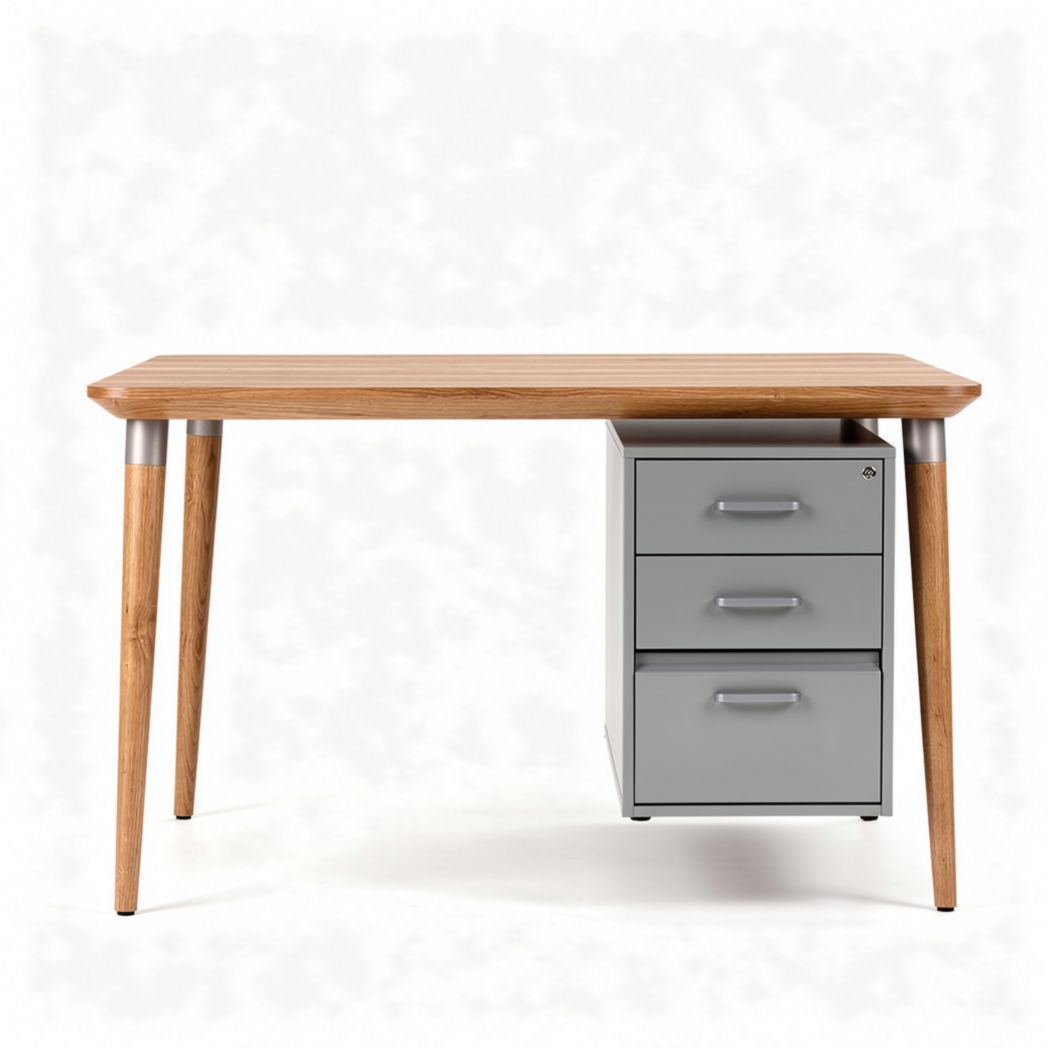 Bureau van hout met grijze lades en afmetingen 120 x 60 x 75cm