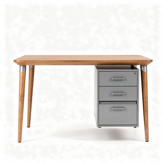 Bureau van hout met grijze lades en afmetingen 120 x 60 x 75cm