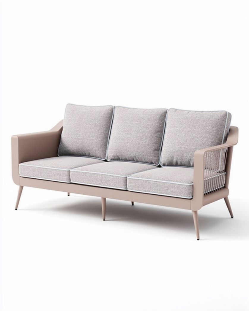 Beige bank met drie kussens en metalen frame voor woonkamer of terras